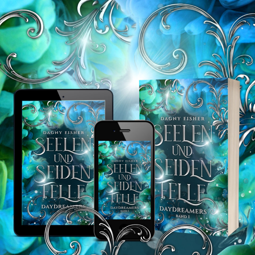 Seelen und Seidenfelle als Softcover, auf einem Kindle und auf einem Smartphone. 